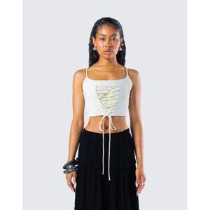 Finesse Womens Malia Ivory Lace Up Corset Top Size M Ivory Sleeveless Sexy Chic